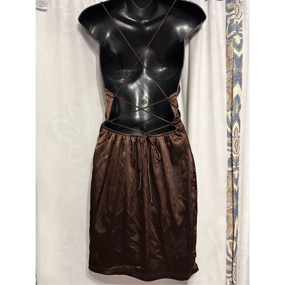 Beautiful Salty SIZE LARGE Satin brown Cinch Mini Dress  Cowl neck, adjustable c - Picture 4 of 6